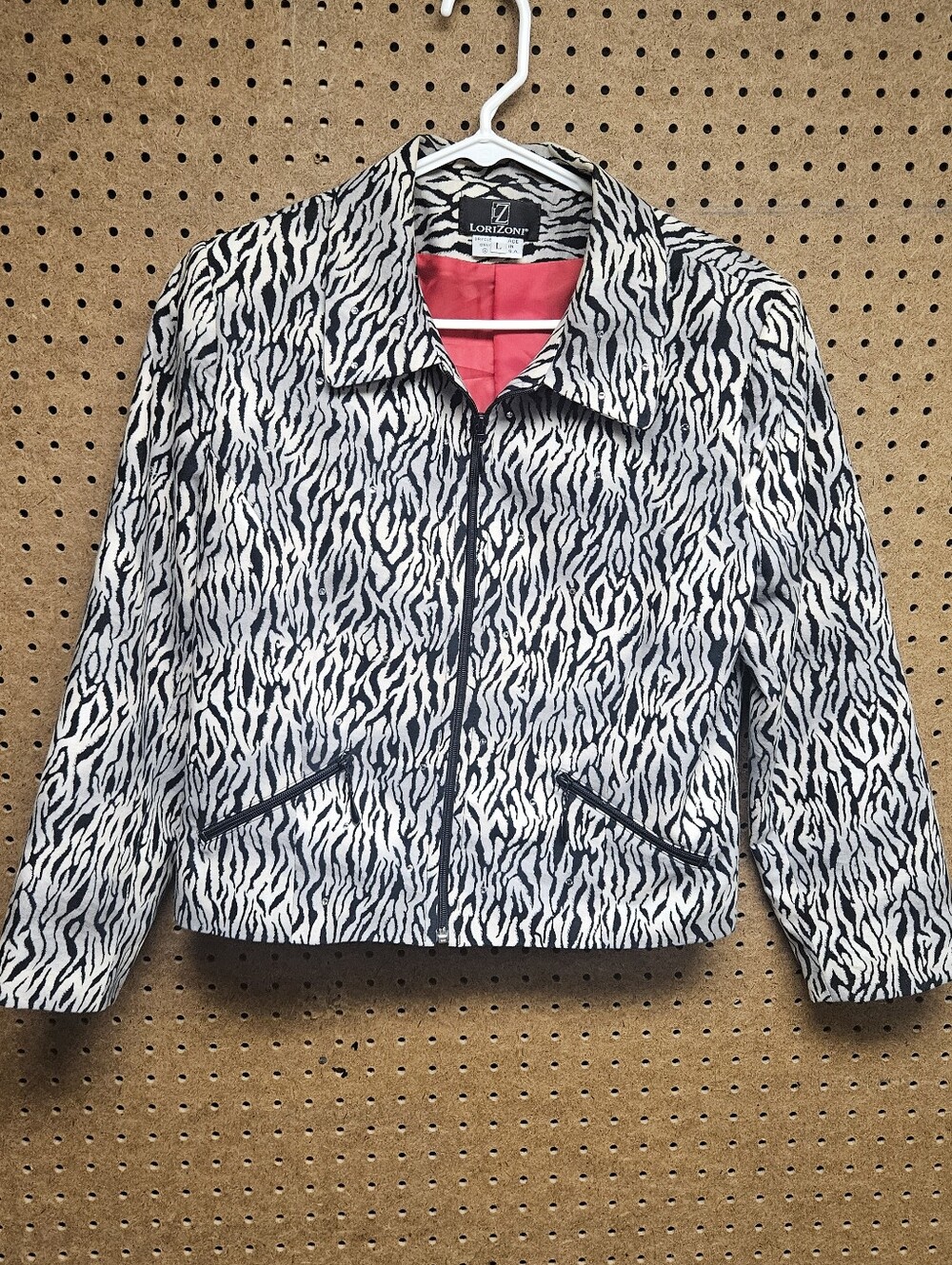Lorizoni Women’s Zebra Print Embellished Crystal Zip Lined  Mob Wives Jacket Lg